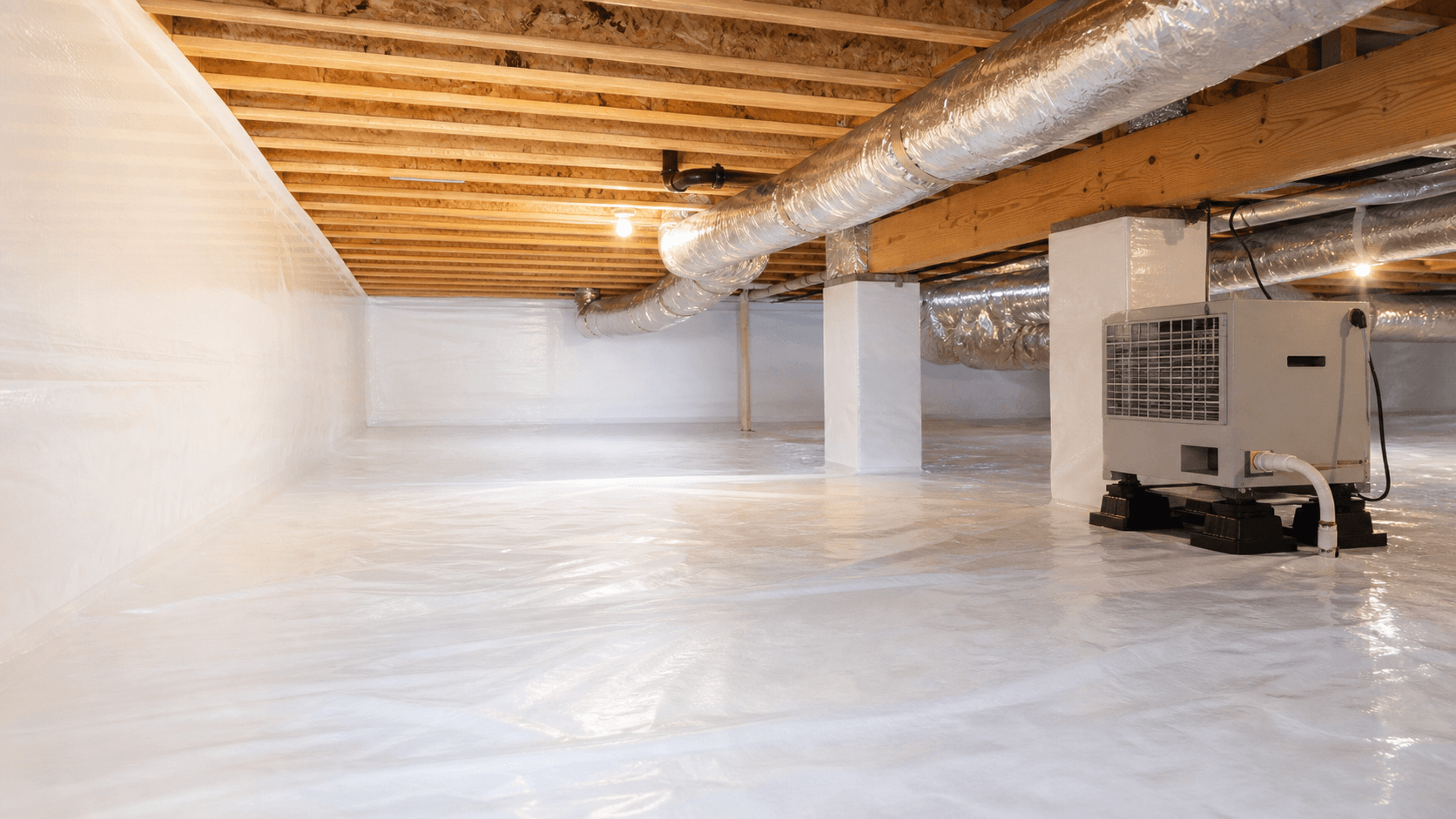 Clean encapsulated crawl space with vapor barrier, ductwork, and dehumidifier