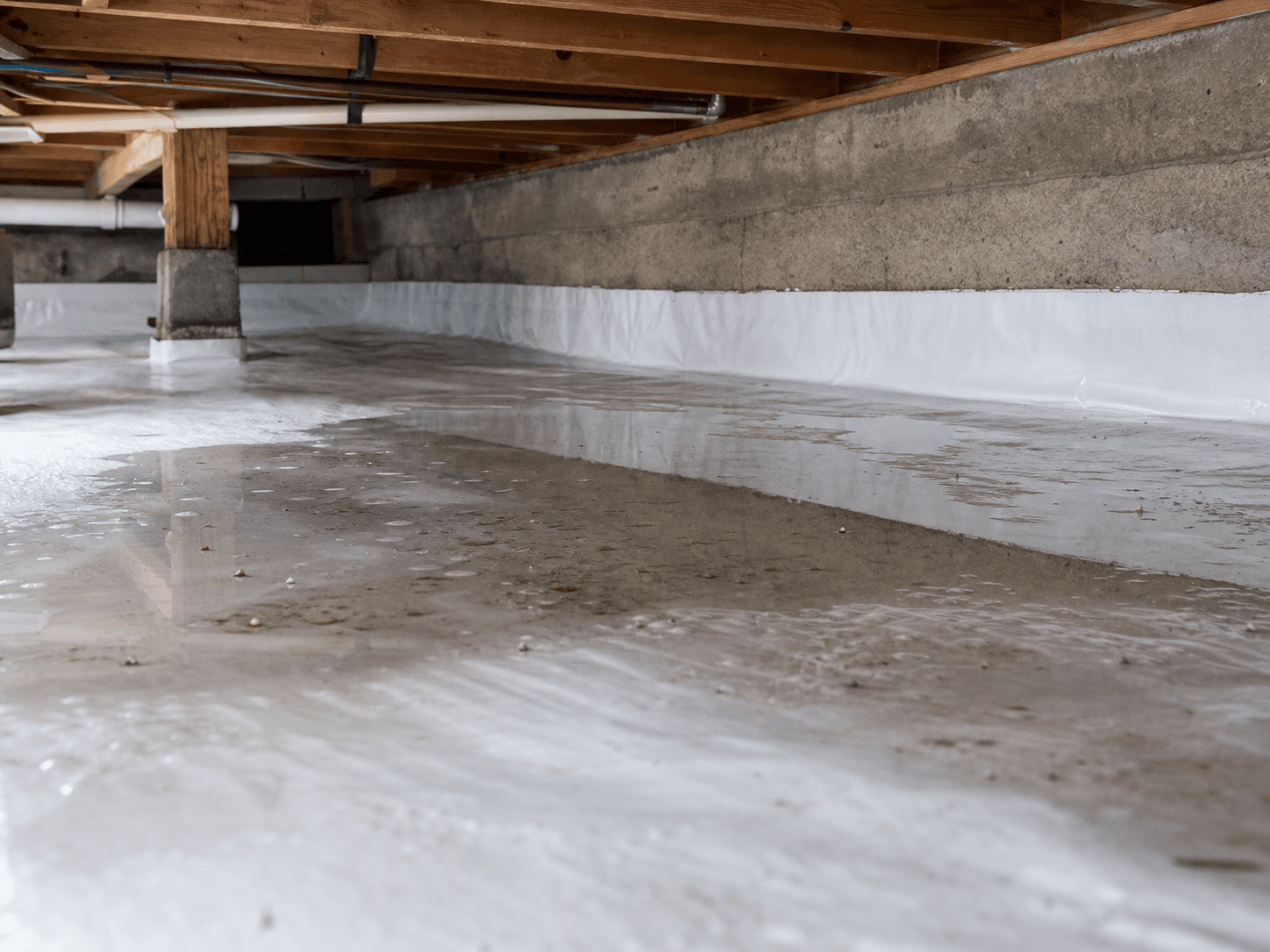 Standing water on a crawl space vapor barrier